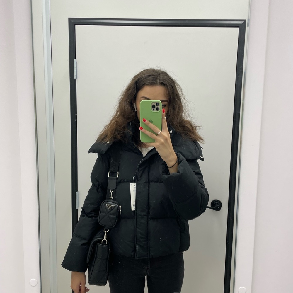Women's Black Short Puffer Jacket with High Collar